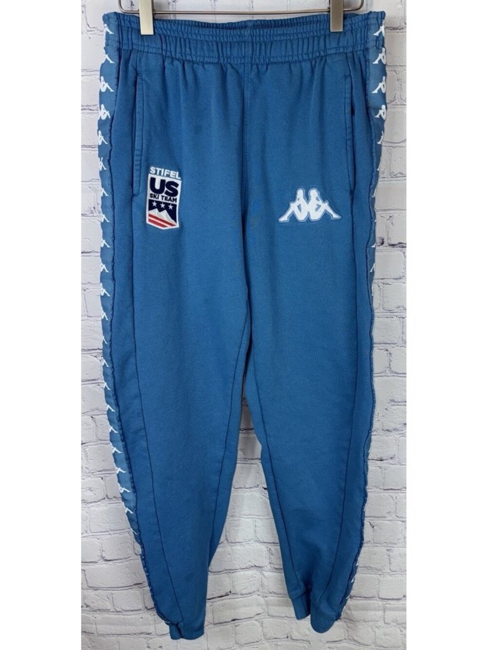 KAPPA US SKI TEAM Size Small Blue Jogger Sweatpants Side Stripe Drawstring